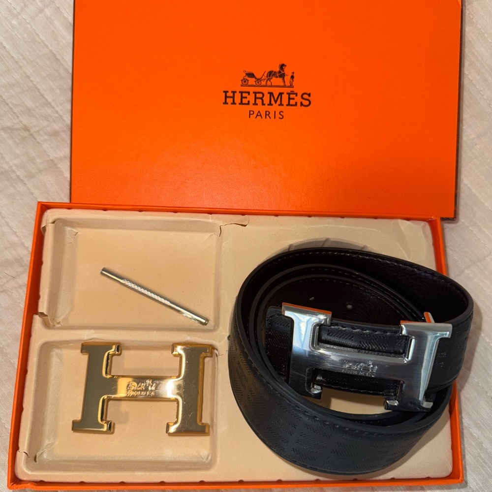 Hermès Black Leather Belt with Silver and Gold Buckles